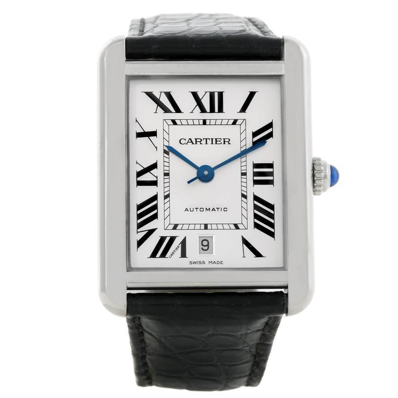 The image shows a frontal view of the Cartier Tank Solo W5200027 Men
s Stainless Steel Silver Dial W5200027 Men
s Stainless Steel Silver Dial watch, displaying the face, strap, and crown with a sapphire cabochon.