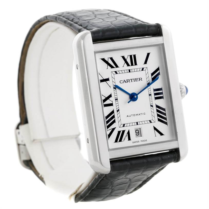 The image shows a Cartier Tank Solo W5200027 Men
s Stainless Steel Silver Dial W5200027 Men
s Stainless Steel Silver Dial watch from a three-quarter angle, highlighting its rectangular face, black leather strap, and Roman numeral dial.