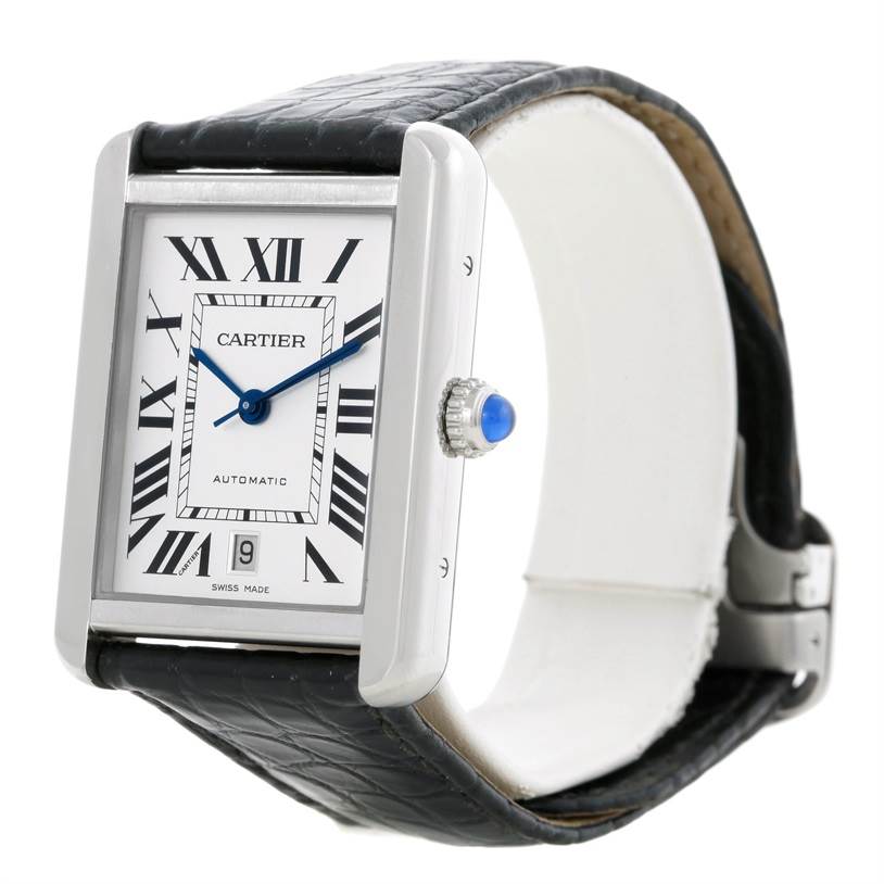 The Cartier Tank Solo W5200027 Men
s Stainless Steel Silver Dial W5200027 Men
s Stainless Steel Silver Dial watch is shown from a front-right angle, displaying the face, crown, and leather strap.
