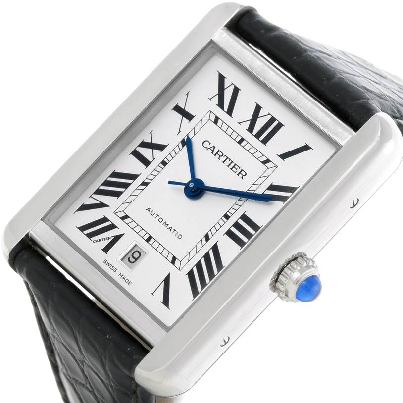 This image shows a Cartier Tank Solo W5200027 Men
s Stainless Steel Silver Dial W5200027 Men
s Stainless Steel Silver Dial watch at an angle, displaying the face, Roman numerals, and the crown with a blue stone.