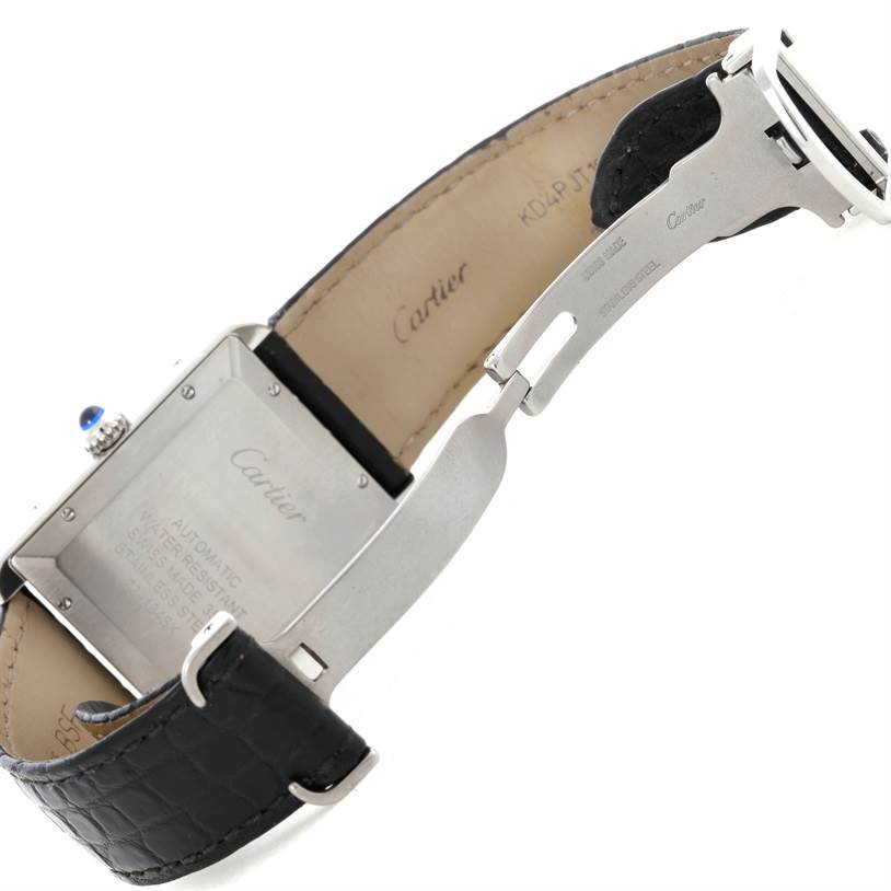 The image shows the back and inside of the strap of a Cartier Tank Solo W5200027 Men
s Stainless Steel Silver Dial W5200027 Men
s Stainless Steel Silver Dial watch, highlighting the clasp and case back.