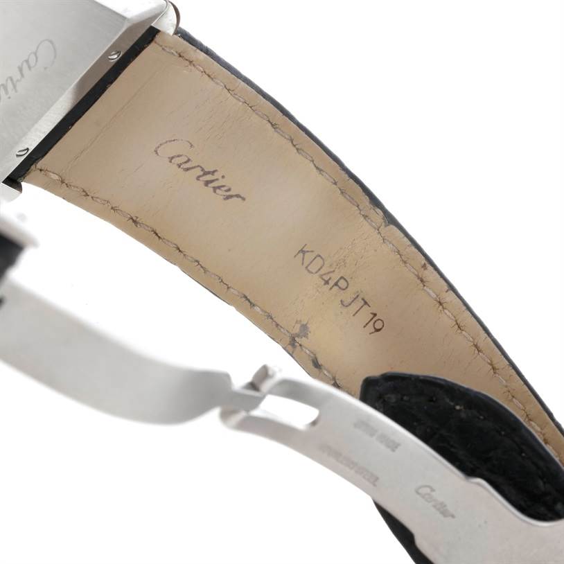 The image shows a close-up of the Cartier Tank Solo W5200027 Men
s Stainless Steel Silver Dial W5200027 Men
s Stainless Steel Silver Dial watch strap, focusing on the inner leather lining and clasp.