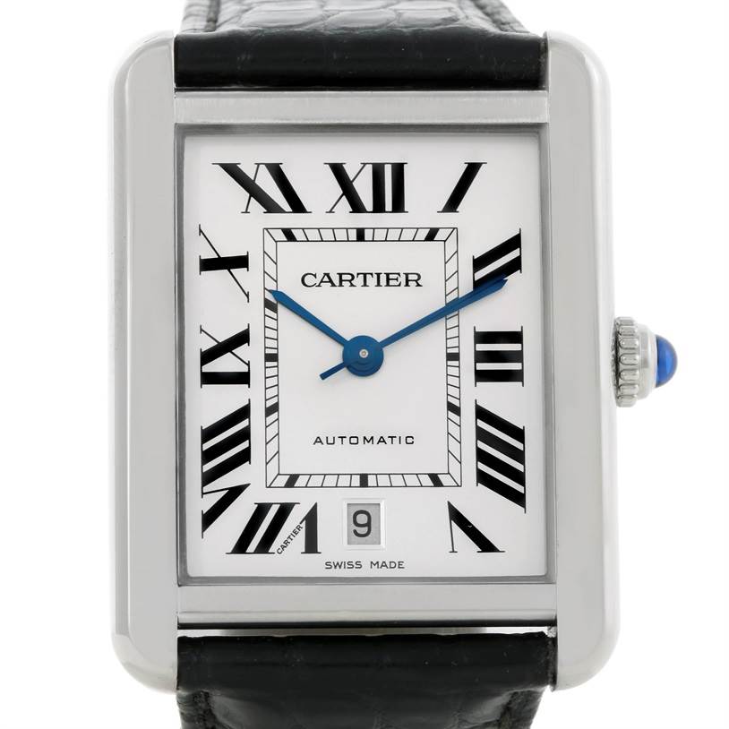 The image shows a Cartier Tank Solo W5200027 Men
s Stainless Steel Silver Dial W5200027 Men
s Stainless Steel Silver Dial watch face, including the dial, hands, and date window, viewed from the front.