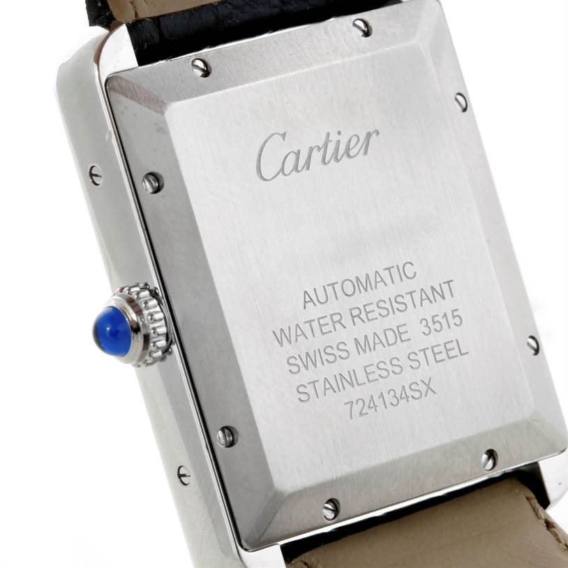 The image shows the back case and crown of a Cartier Tank Solo W5200027 Men
s Stainless Steel Silver Dial W5200027 Men
s Stainless Steel Silver Dial watch.