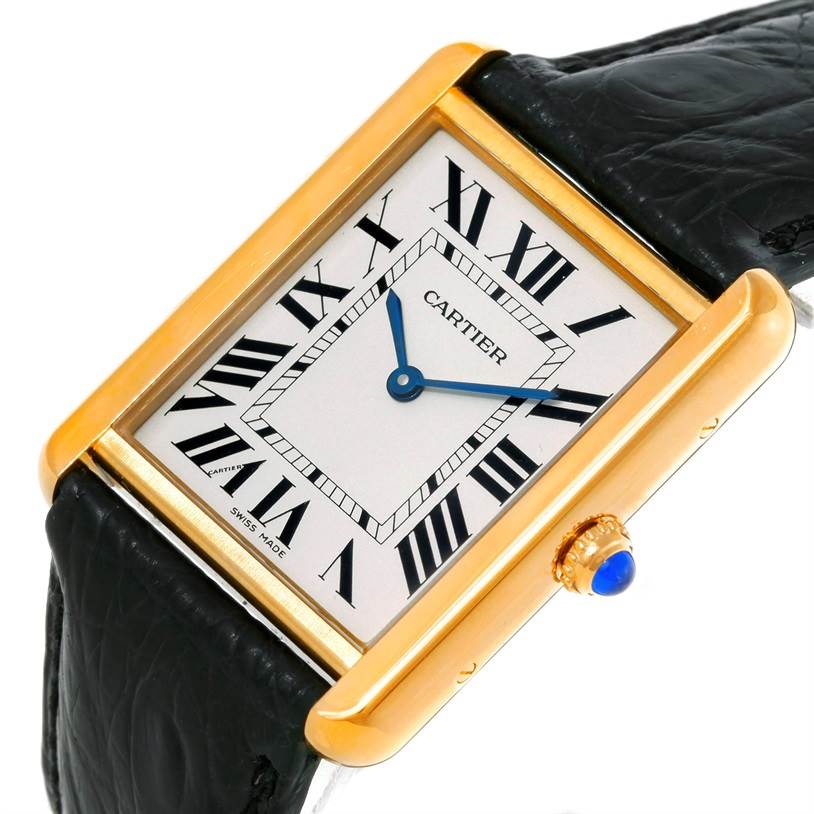 The image shows a Cartier Tank Solo W1018855 Men
s Steel and Gold (two tone) Silver Dial W1018855 Men
s Steel and Gold (two tone) Silver Dial watch at an angle highlighting its Roman numeral dial, blue hands, gold casing, and black strap.