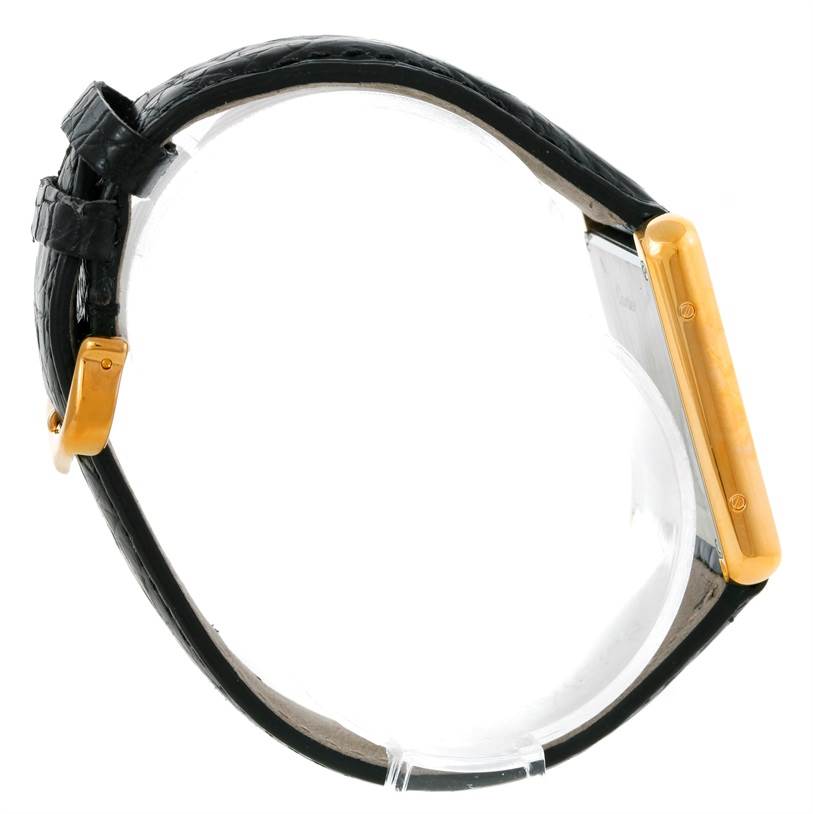 This is a side view of the Cartier Tank Solo W1018855 Men
s Steel and Gold (two tone) Silver Dial W1018855 Men
s Steel and Gold (two tone) Silver Dial watch, showing its casing, strap, and buckle.