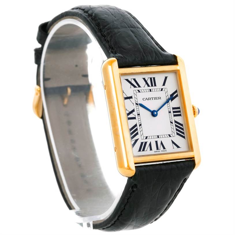 The Cartier Tank Solo W1018855 Men
s Steel and Gold (two tone) Silver Dial W1018855 Men
s Steel and Gold (two tone) Silver Dial watch is shown at a slight side angle, displaying its face, gold case, and black leather strap.