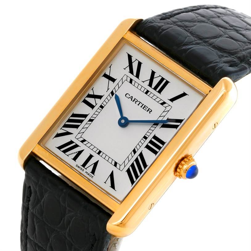 The image shows a Cartier Tank Solo W1018855 Men
s Steel and Gold (two tone) Silver Dial W1018855 Men
s Steel and Gold (two tone) Silver Dial watch at an angled close-up, highlighting the dial, gold case, and black leather strap.