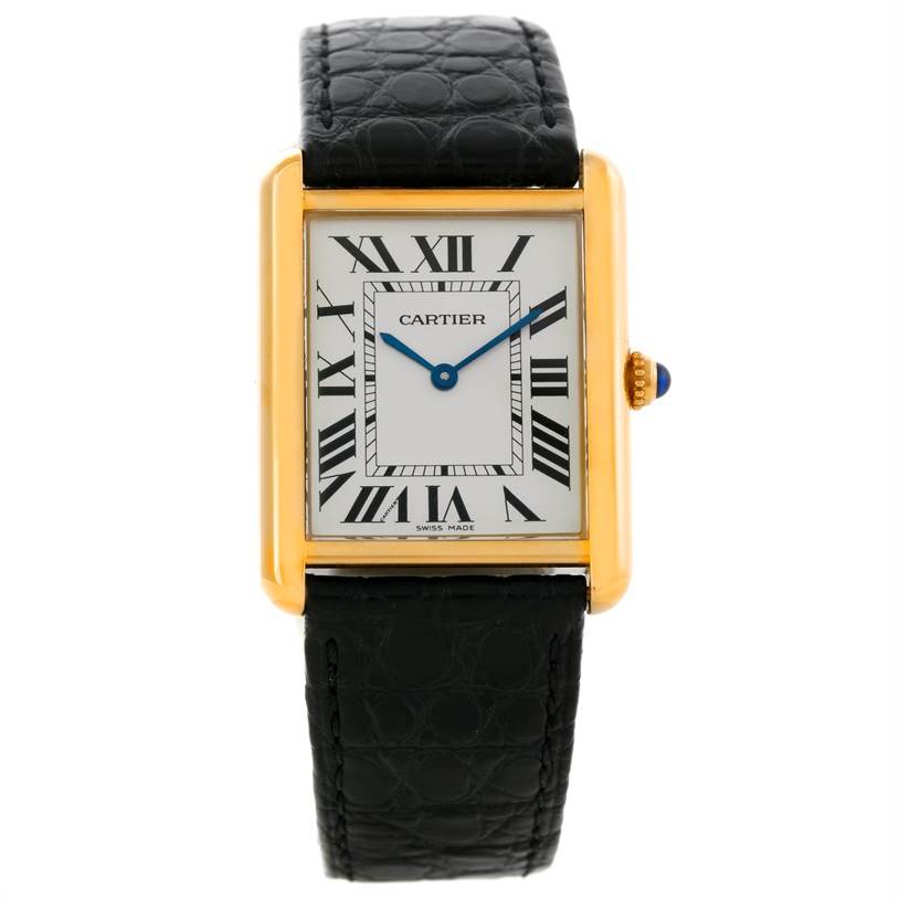 The image shows a Cartier Tank Solo W1018855 Men
s Steel and Gold (two tone) Silver Dial W1018855 Men
s Steel and Gold (two tone) Silver Dial watch from a front angle, displaying the dial, gold case, crown, and black leather strap.