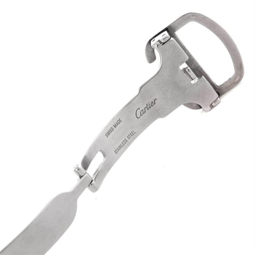 This image shows a close-up of the stainless steel deployment clasp for the Cartier Tank Solo W1018355 Men
s Stainless Steel Silver Dial W1018355 Men
s Stainless Steel Silver Dial watch.