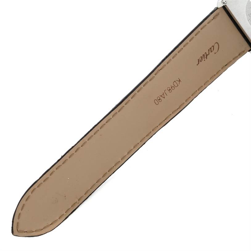 The image shows the underside of the leather strap for a Cartier Tank Solo W1018355 Men
s Stainless Steel Silver Dial W1018355 Men
s Stainless Steel Silver Dial watch.