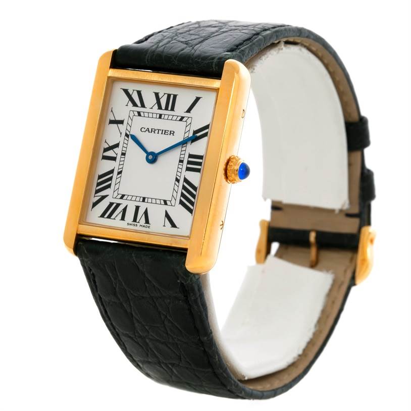 This image shows a Cartier Tank Solo W1018855 Men
s Steel and Gold (two tone) Silver Dial W1018855 Men
s Steel and Gold (two tone) Silver Dial watch at an angled side view, highlighting the face, crown, and part of the strap.