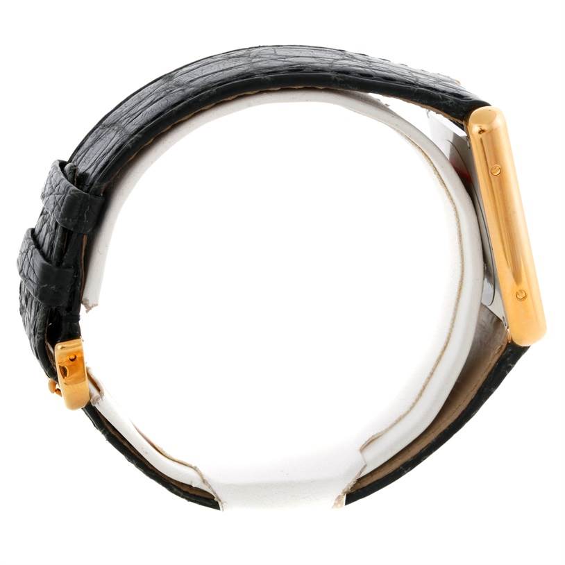 This image shows a side view of the Cartier Tank Solo W1018855 Men
s Steel and Gold (two tone) Silver Dial W1018855 Men
s Steel and Gold (two tone) Silver Dial watch, displaying the black leather strap and the gold case.