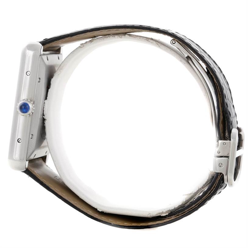 The image shows a side view of the Cartier Tank Solo W5200027 Men
s Stainless Steel Silver Dial W5200027 Men
s Stainless Steel Silver Dial watch, highlighting the crown and strap.