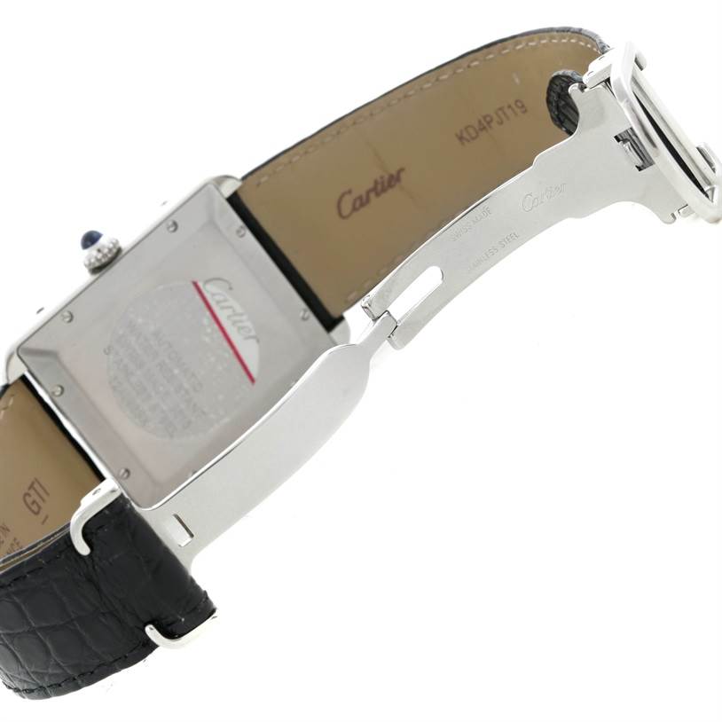 The Cartier Tank Solo W5200027 Men
s Stainless Steel Silver Dial W5200027 Men
s Stainless Steel Silver Dial watch is shown from the rear angle, displaying the clasp, leather strap, and case back.