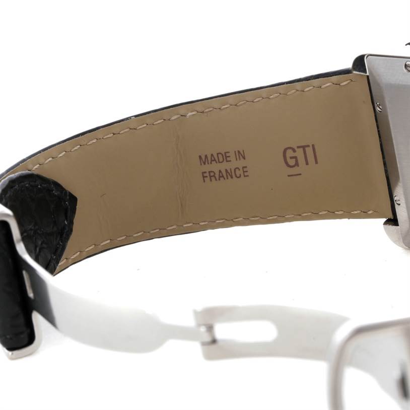 The image shows the inner leather strap and part of the clasp of a Cartier Tank Solo W5200027 Men
s Stainless Steel Silver Dial W5200027 Men
s Stainless Steel Silver Dial watch.