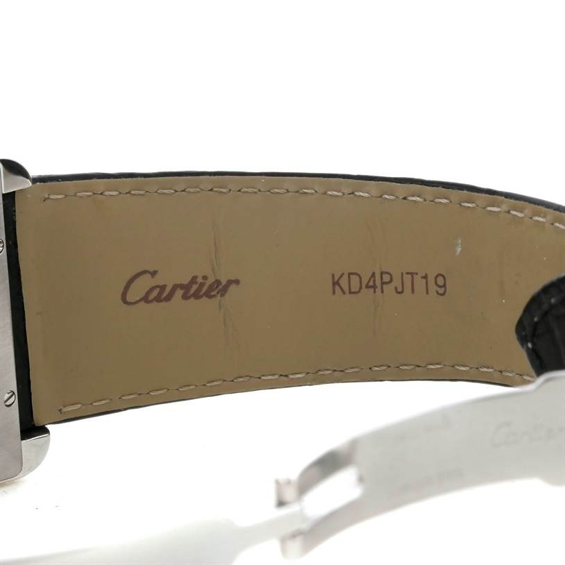 This image shows the underside of the strap and clasp of a Cartier Tank Solo W5200027 Men
s Stainless Steel Silver Dial W5200027 Men
s Stainless Steel Silver Dial watch.