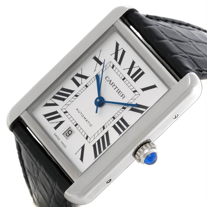 The image shows a Cartier Tank Solo W5200027 Men
s Stainless Steel Silver Dial W5200027 Men
s Stainless Steel Silver Dial watch at an angled view, highlighting the face, crown, and black leather strap.