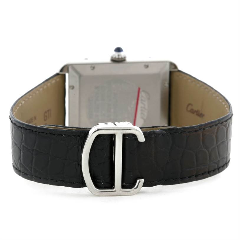 The image shows the rear view of a Cartier Tank Solo W5200027 Men
s Stainless Steel Silver Dial W5200027 Men
s Stainless Steel Silver Dial watch, focusing on the black leather strap and clasp.