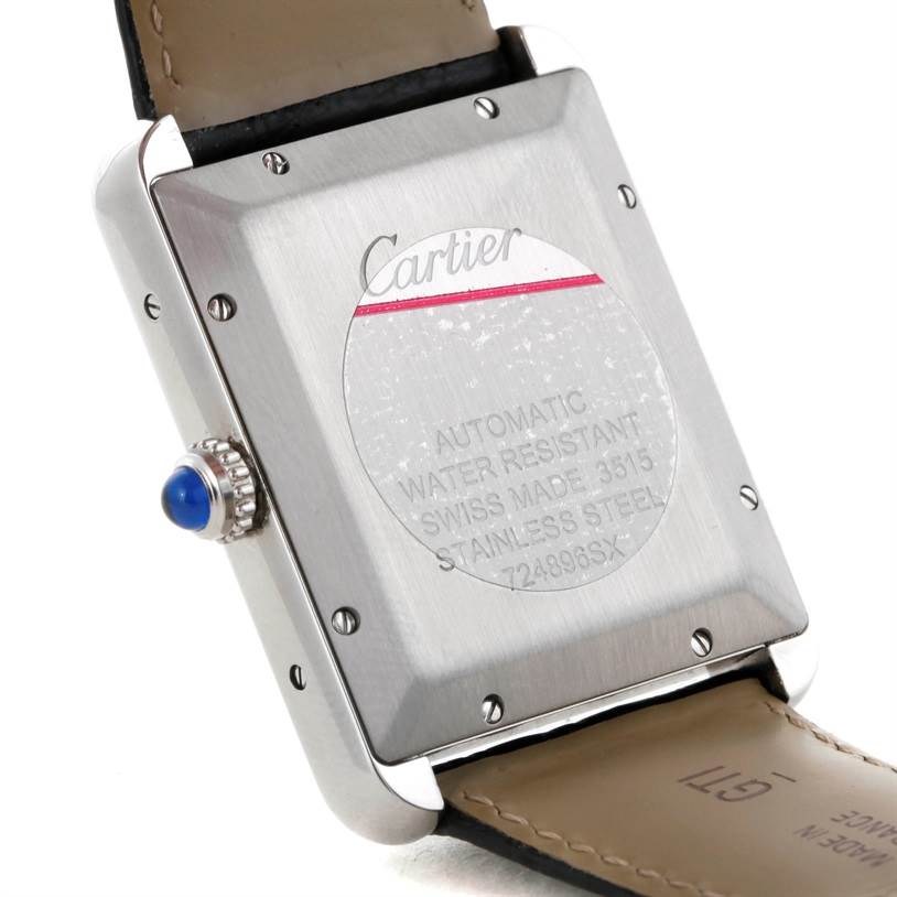 This image shows the back and side view of a Cartier Tank Solo W5200027 Men
s Stainless Steel Silver Dial W5200027 Men
s Stainless Steel Silver Dial watch, highlighting its case back and crown.