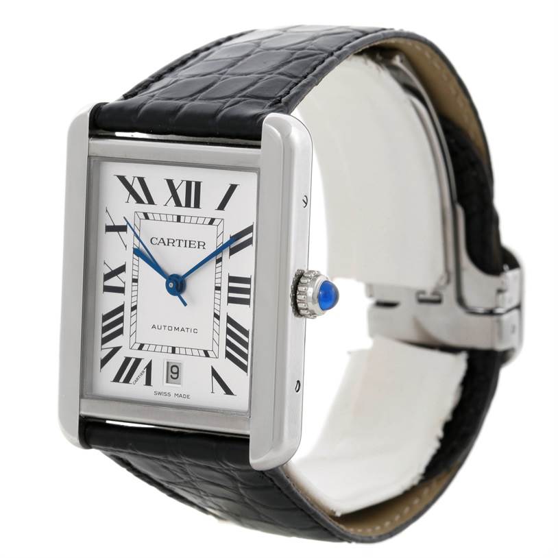 This image shows a Cartier Tank Solo W5200027 Men
s Stainless Steel Silver Dial W5200027 Men
s Stainless Steel Silver Dial watch from a slight side angle, revealing the front face, crown, and part of the strap.