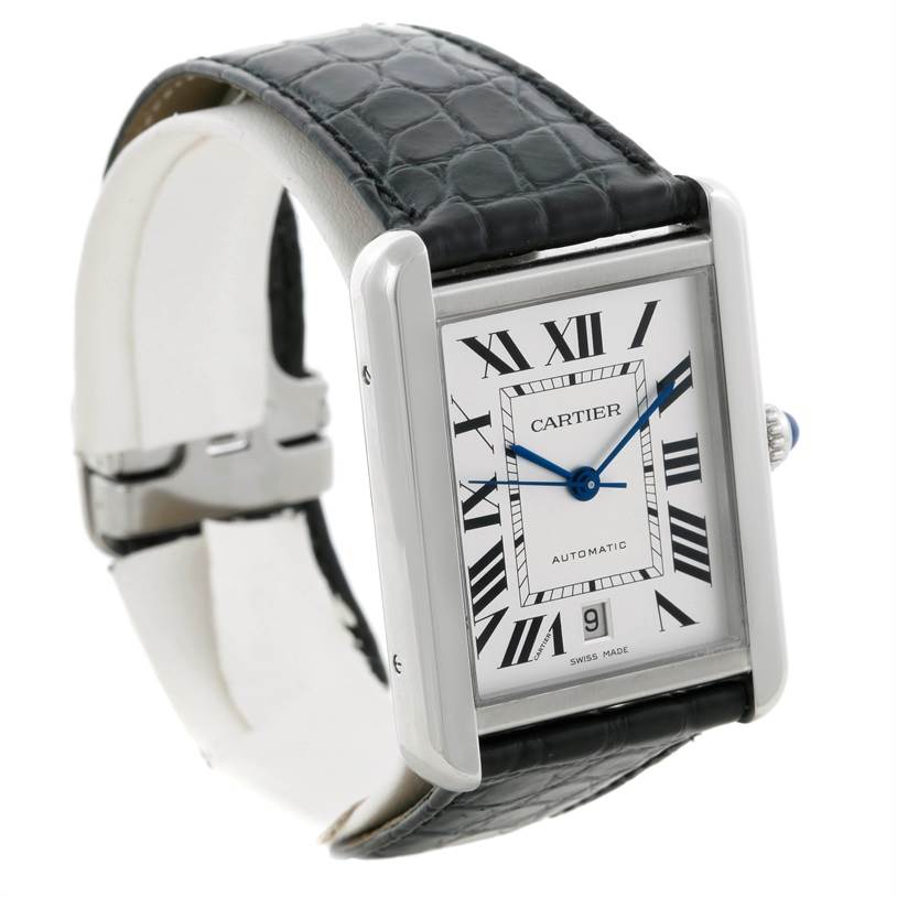 This image shows a Cartier Tank Solo W5200027 Men
s Stainless Steel Silver Dial W5200027 Men
s Stainless Steel Silver Dial watch at a three-quarter angle, highlighting its face, bezel, and leather strap.