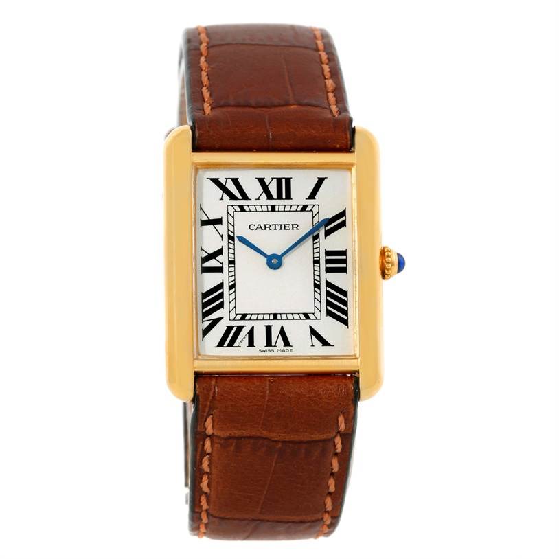 This image shows a Cartier Tank Solo W1018855 Men
s Steel and Gold (two tone) Silver Dial W1018855 Men
s Steel and Gold (two tone) Silver Dial watch from a frontal angle, displaying its face, case, and brown leather strap.