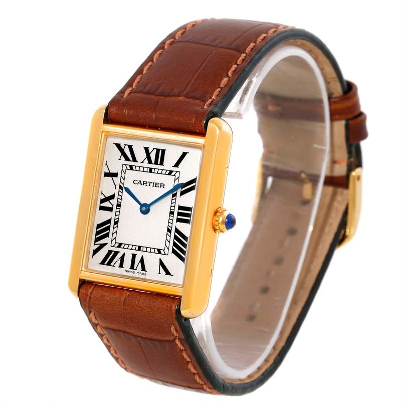 This image shows a Cartier Tank Solo W1018855 Men
s Steel and Gold (two tone) Silver Dial W1018855 Men
s Steel and Gold (two tone) Silver Dial watch from a front angle, featuring its rectangular face, roman numerals, and brown leather strap.
