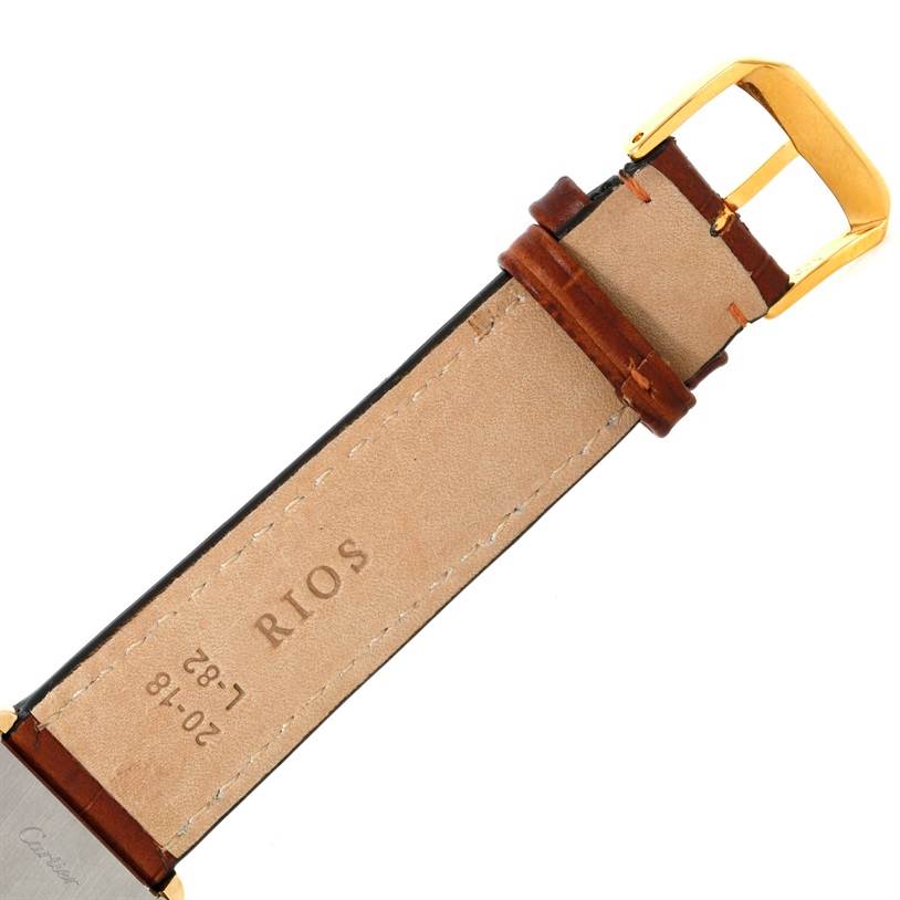 This image shows the underside of a leather strap and buckle for the Cartier Tank Solo W1018855 Men
s Steel and Gold (two tone) Silver Dial W1018855 Men
s Steel and Gold (two tone) Silver Dial watch.