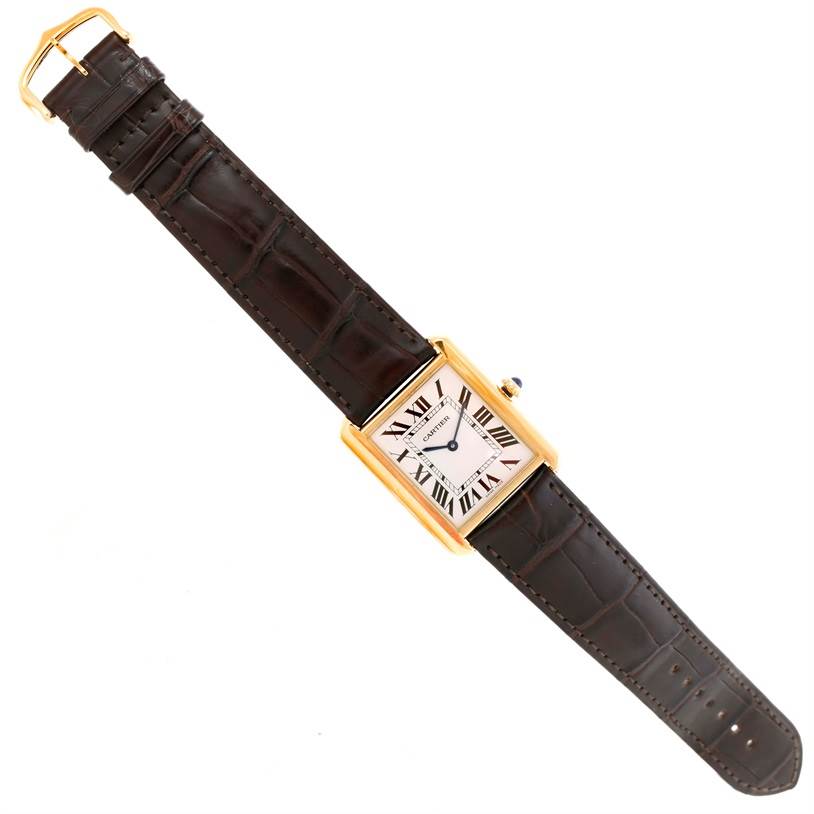 The image shows a Cartier Tank Solo W1018855 Men
s Steel and Gold (two tone) Silver Dial W1018855 Men
s Steel and Gold (two tone) Silver Dial watch with a rectangular face and a leather strap from a top-down angle.