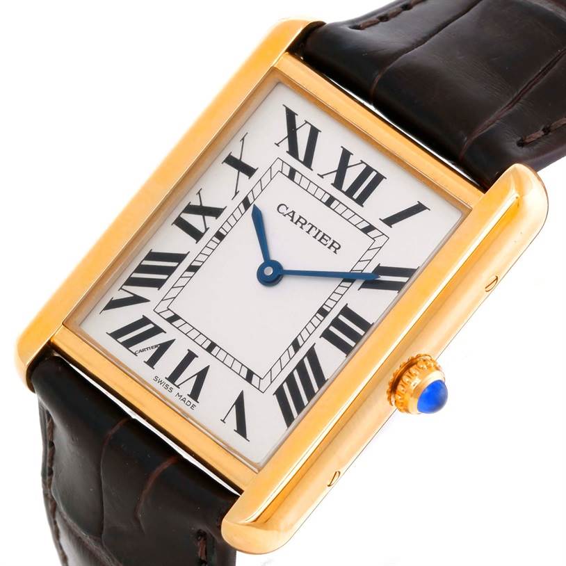 The Cartier Tank Solo W1018855 Men
s Steel and Gold (two tone) Silver Dial W1018855 Men
s Steel and Gold (two tone) Silver Dial watch is shown at a slight angle highlighting the face, Roman numerals, and leather strap.