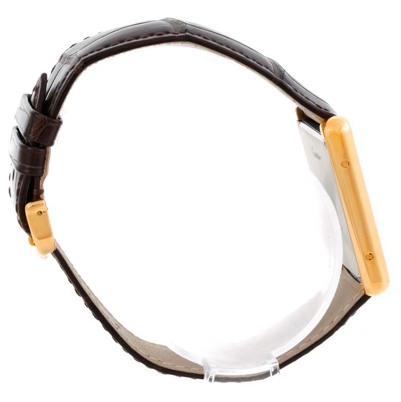 This Cartier Tank Solo W1018855 Men
s Steel and Gold (two tone) Silver Dial W1018855 Men
s Steel and Gold (two tone) Silver Dial watch is shown from a side angle, highlighting the gold case and brown leather strap with a buckle.