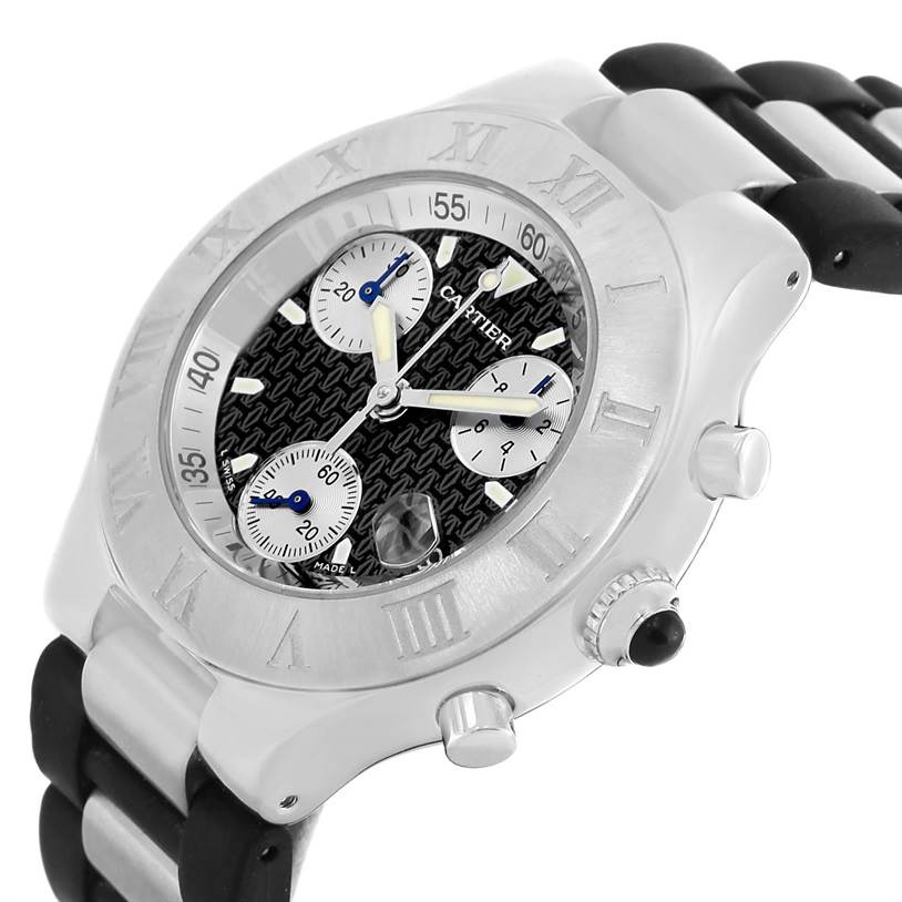 The image shows a Cartier Must 21 Chronoscaph W10125U2 Men
s Stainless Steel Black Dial W10125U2 Men
s Stainless Steel Black Dial watch from an angled view, highlighting its face, bezel, and part of the band.