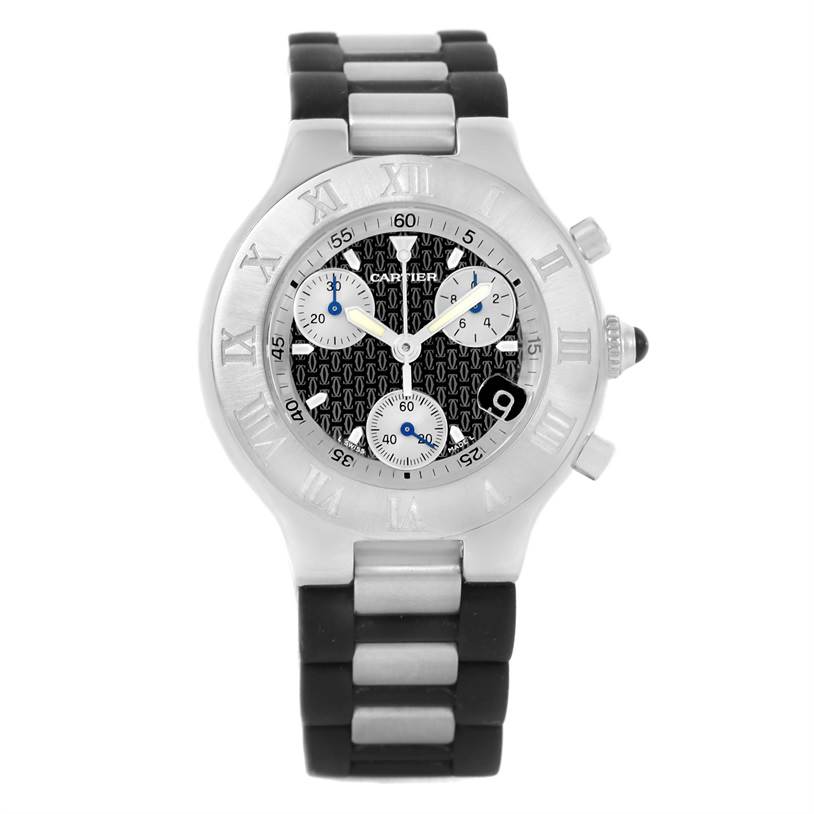 The image shows a front view of a Cartier Must 21 Chronoscaph W10125U2 Men's Stainless Steel Black Dial W10125U2 Men's Stainless Steel Black Dial watch, displaying its dial, bezel, and bracelet.