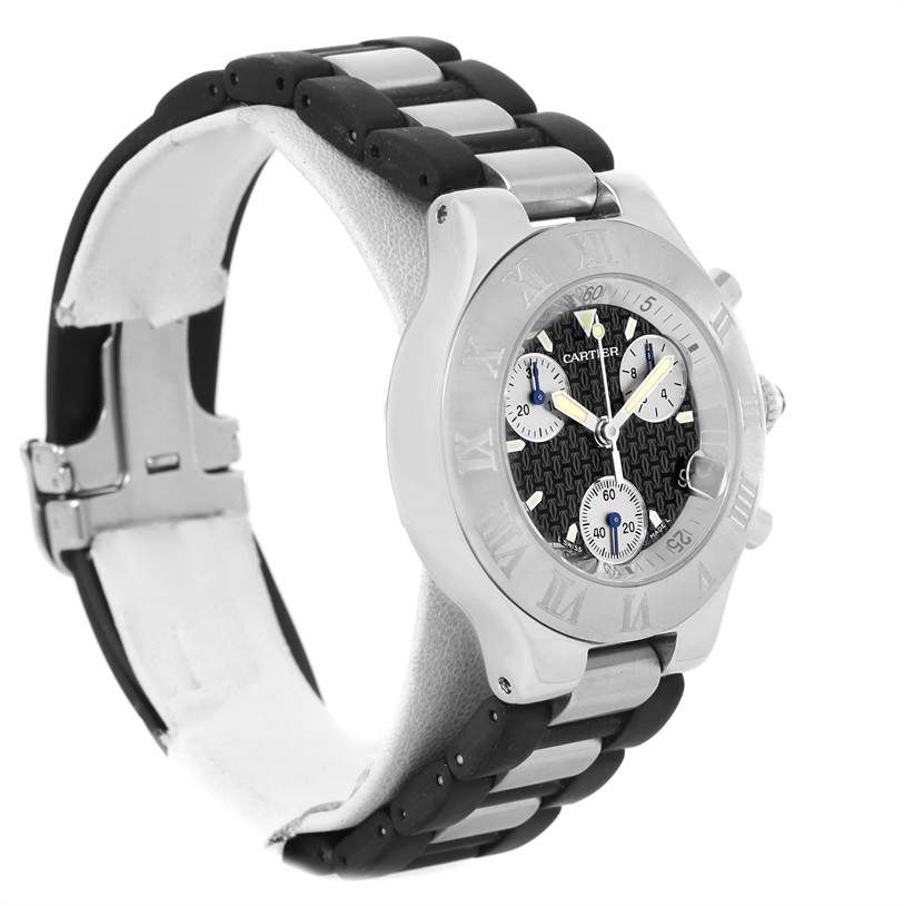 The image shows a Cartier Must 21 Chronoscaph W10125U2 Men's Stainless Steel Black Dial W10125U2 Men's Stainless Steel Black Dial watch at a three-quarter angle highlighting the face, bezel, and part of the band.