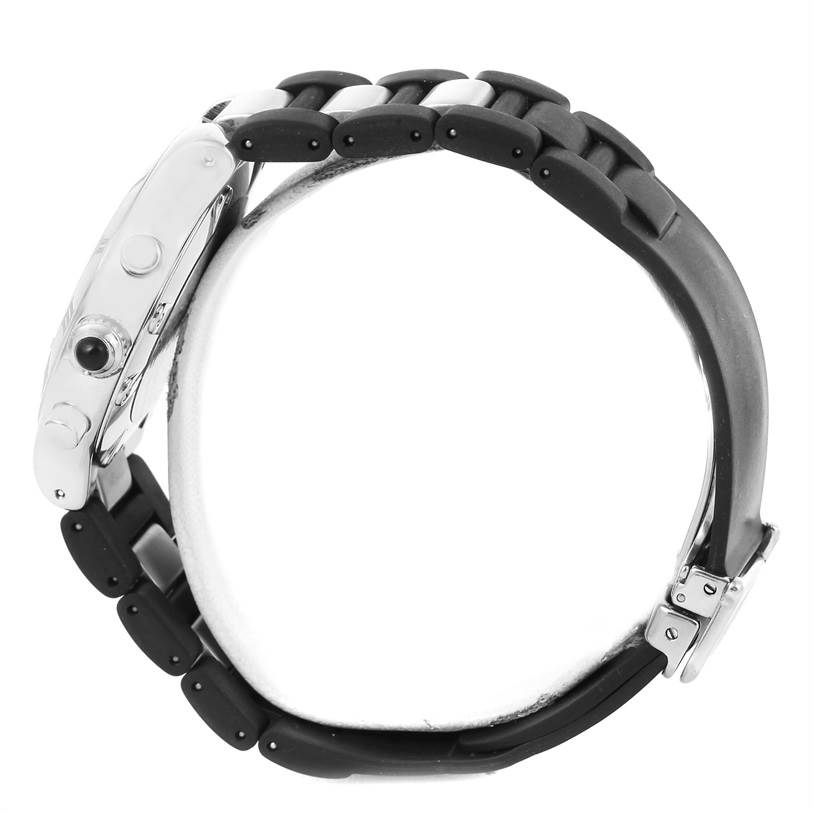 The image shows a side view of the Cartier Must 21 Chronoscaph W10125U2 Men's Stainless Steel Black Dial W10125U2 Men's Stainless Steel Black Dial model, highlighting its clasp, band, and side buttons.