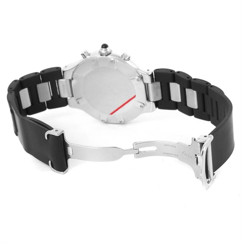 This image shows the back case and open clasp of a Cartier Must 21 Chronoscaph W10125U2 Men's Stainless Steel Black Dial W10125U2 Men's Stainless Steel Black Dial watch with a stainless steel and rubber bracelet.