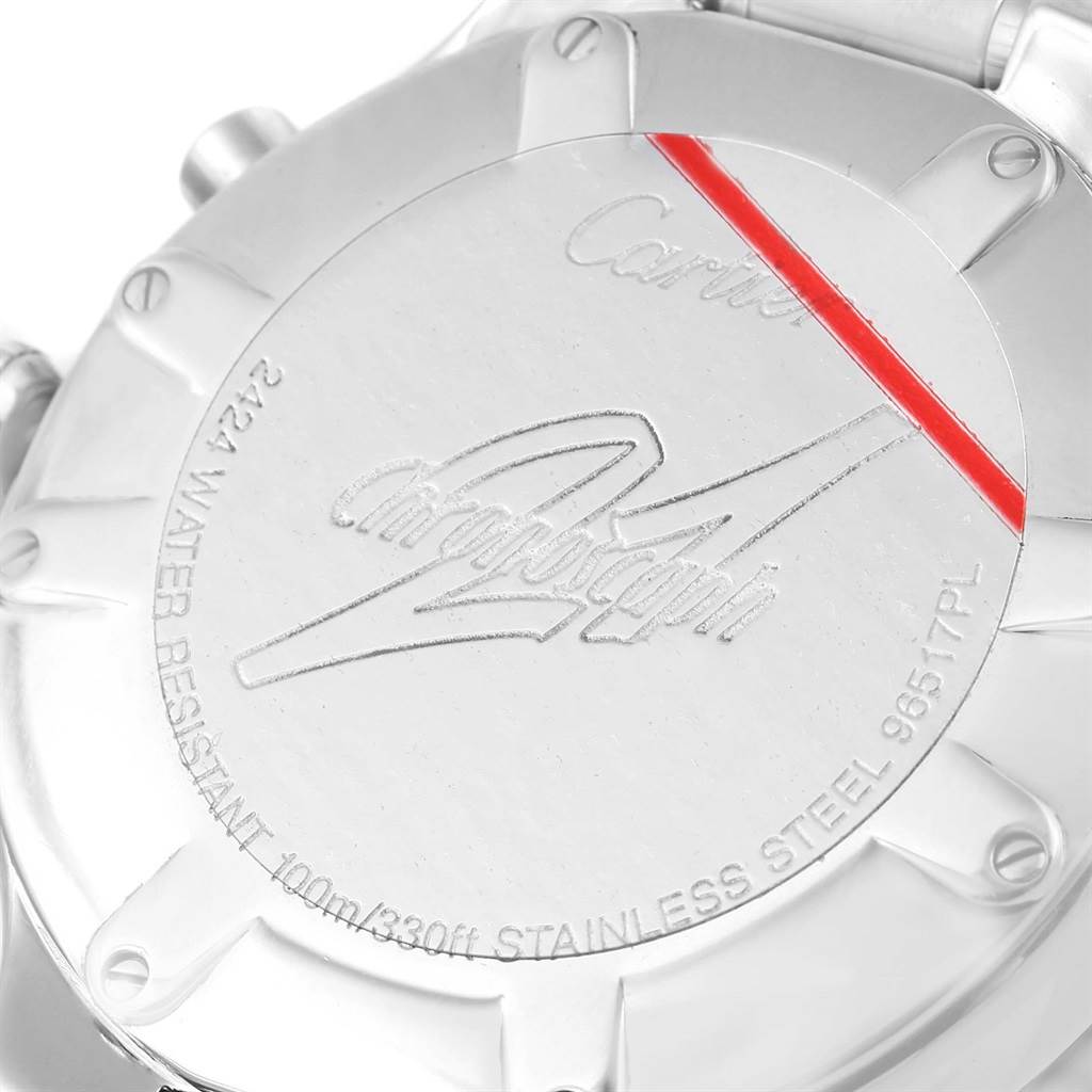 The image shows the back case of a Cartier Must 21 Chronoscaph W10172T2 Stainless Steel Black Dial W10172T2 Stainless Steel Black Dial watch at an angled view.