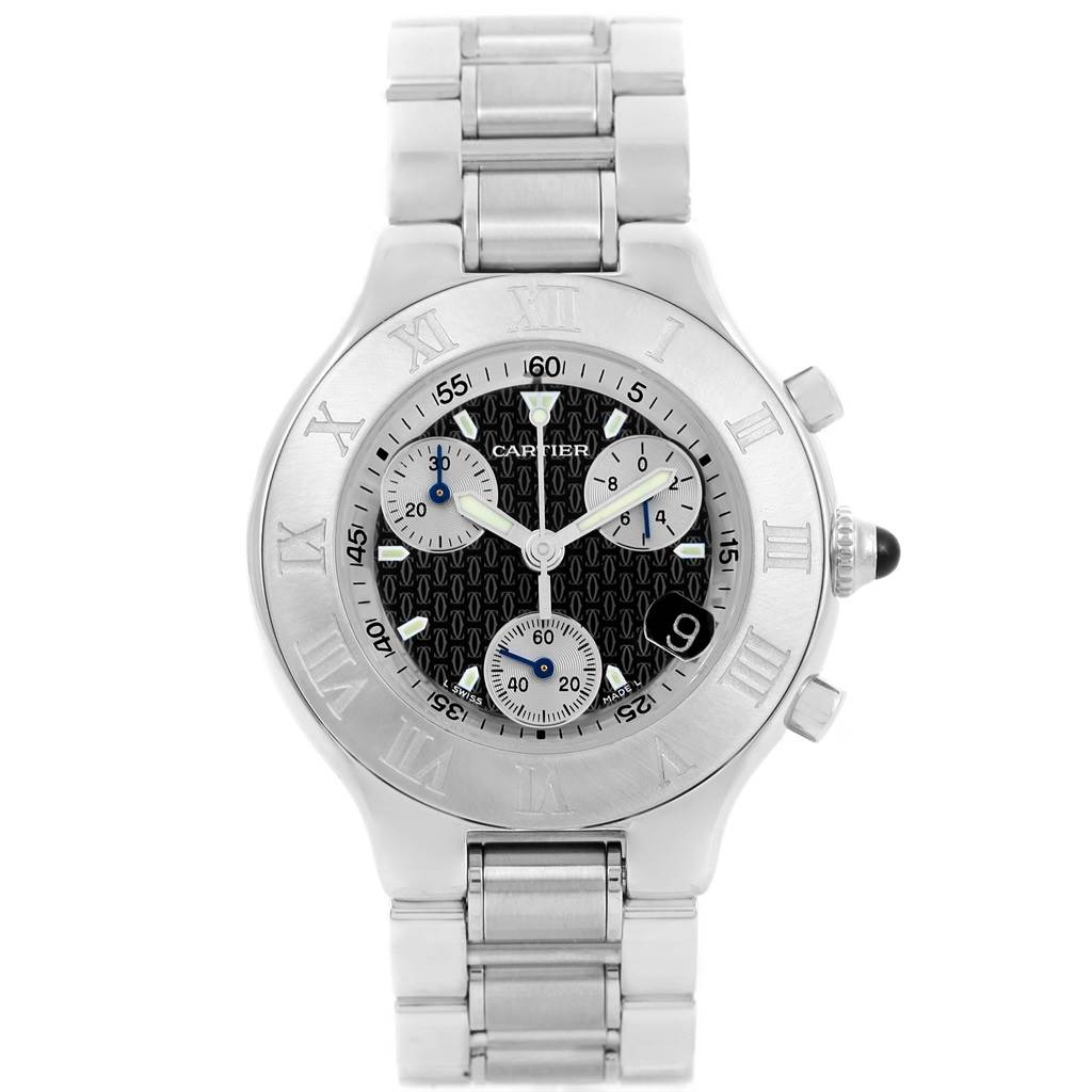 The image shows a front view of the Cartier Must 21 Chronoscaph W10172T2 Stainless Steel Black Dial W10172T2 Stainless Steel Black Dial watch, highlighting the bezel, dial, subdials, and bracelet.