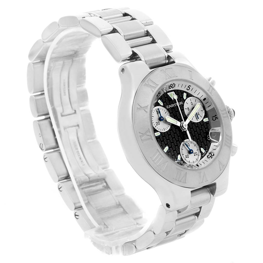 The image shows a side view of the Cartier Must 21 Chronoscaph W10172T2 Stainless Steel Black Dial W10172T2 Stainless Steel Black Dial watch, highlighting its bracelet and face details.