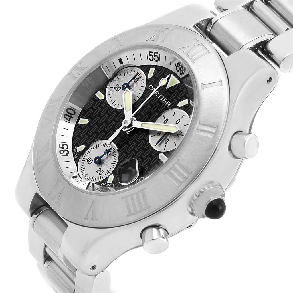 The image shows a close-up angle of the Cartier Must 21 Chronoscaph W10172T2 Stainless Steel Black Dial W10172T2 Stainless Steel Black Dial watch, highlighting the dial, bezel, and side buttons.