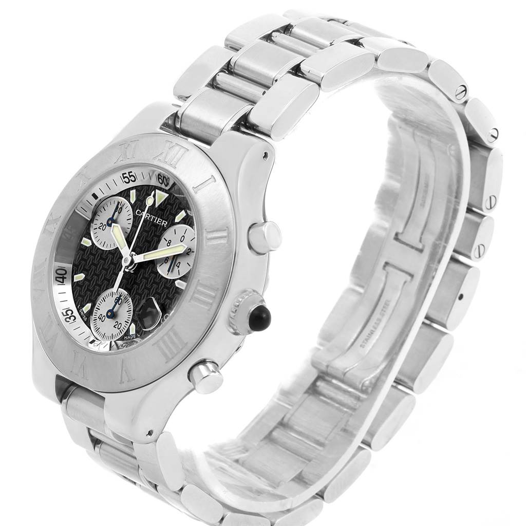 This image of the Cartier Must 21 Chronoscaph W10172T2 Stainless Steel Black Dial W10172T2 Stainless Steel Black Dial watch shows the face, bezel, and bracelet from a slightly angled side view.