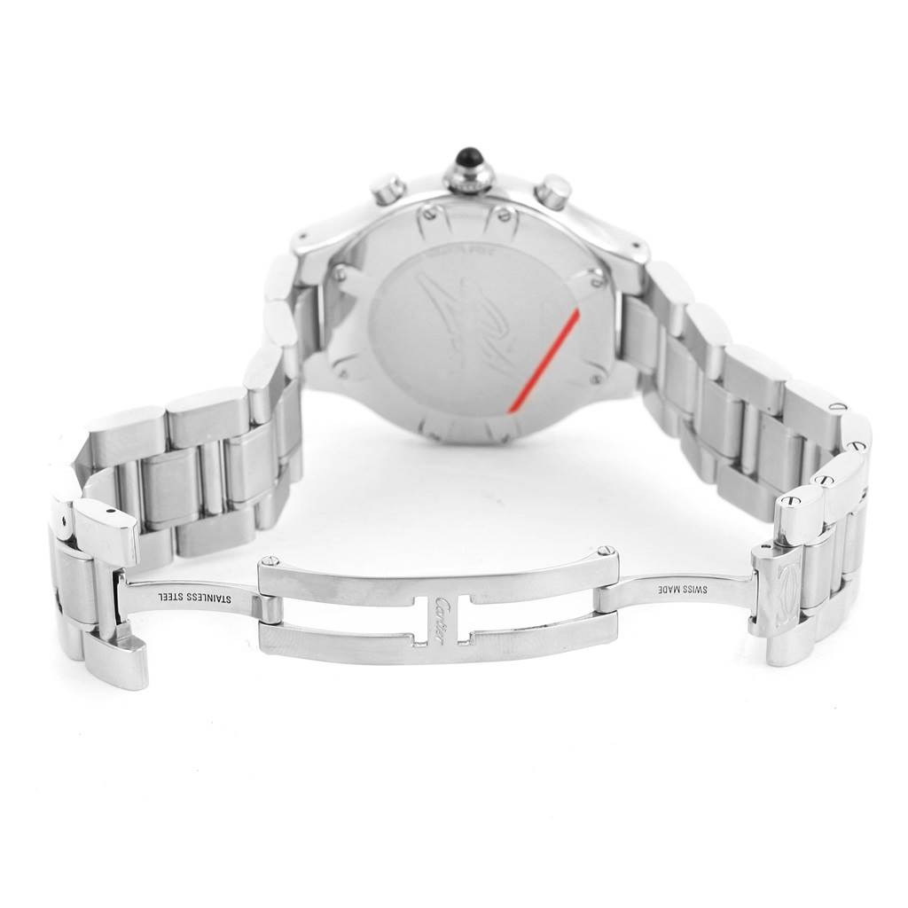 The image shows the back view and open clasp of the Cartier Must 21 Chronoscaph W10172T2 Stainless Steel Black Dial W10172T2 Stainless Steel Black Dial watch.