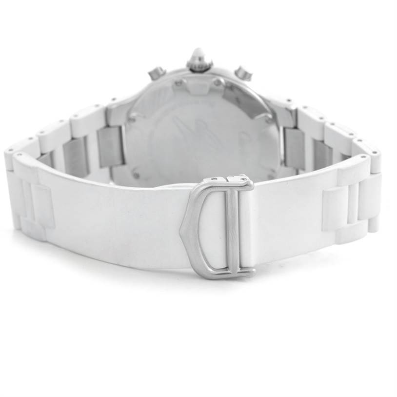 This image shows the backside of the Cartier Must 21 Chronoscaph W10184U2 Men's Stainless Steel White Dial W10184U2 Men's Stainless Steel White Dial watch, focusing on its clasp and part of the bracelet.