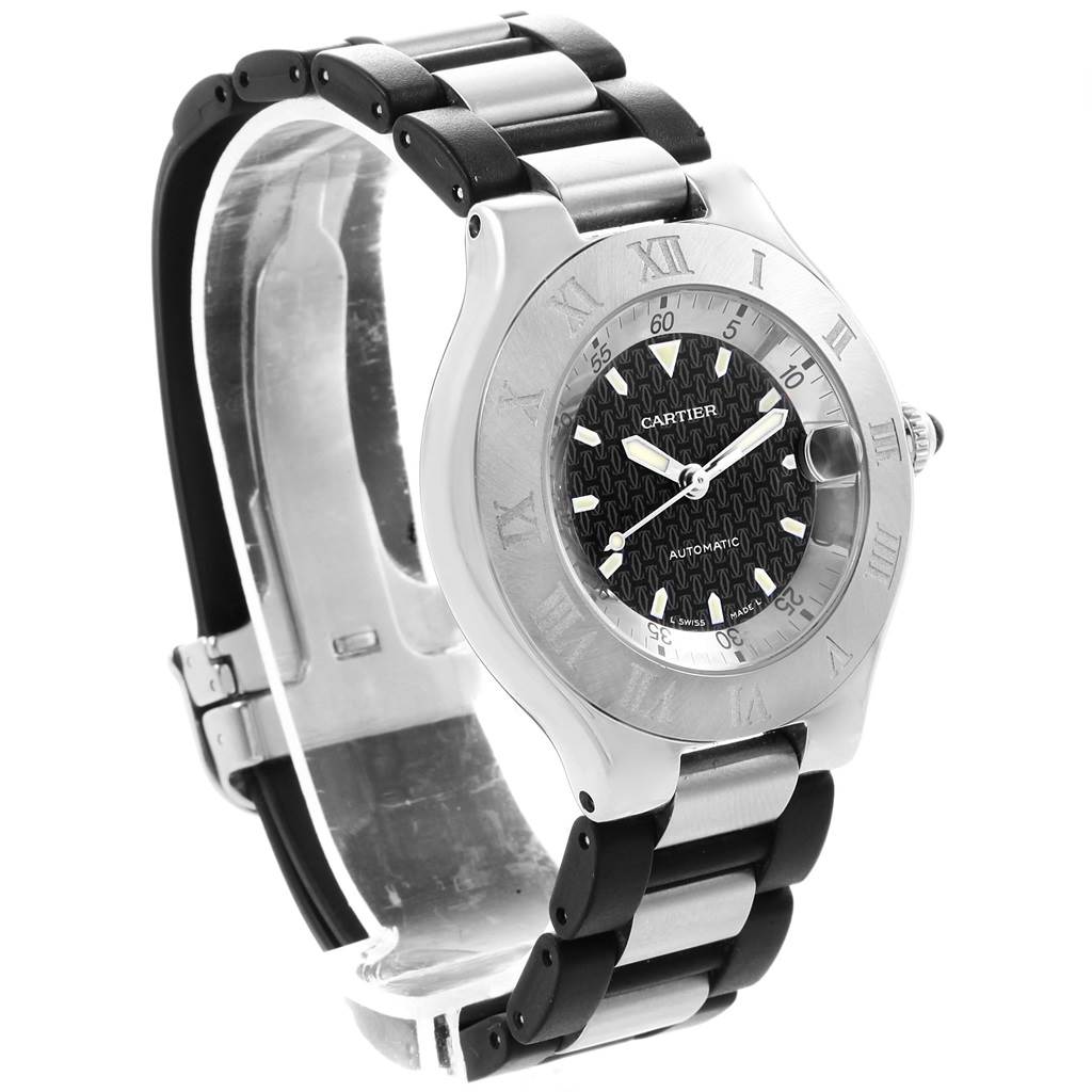 The image shows a Cartier Must 21 Chronoscaph W10147U2 Men
s Stainless Steel Black Dial W10147U2 Men
s Stainless Steel Black Dial watch in a three-quarter view, focusing on the face, bezel, and bracelet.