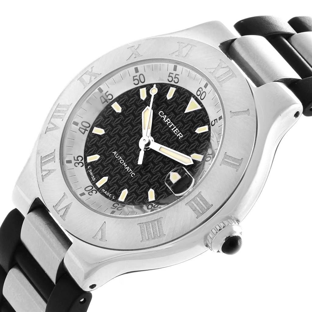 The Cartier Must 21 Chronoscaph W10147U2 Men
s Stainless Steel Black Dial W10147U2 Men
s Stainless Steel Black Dial watch is shown in a close-up angled view, highlighting its dial, bezel, crown, and part of the strap.