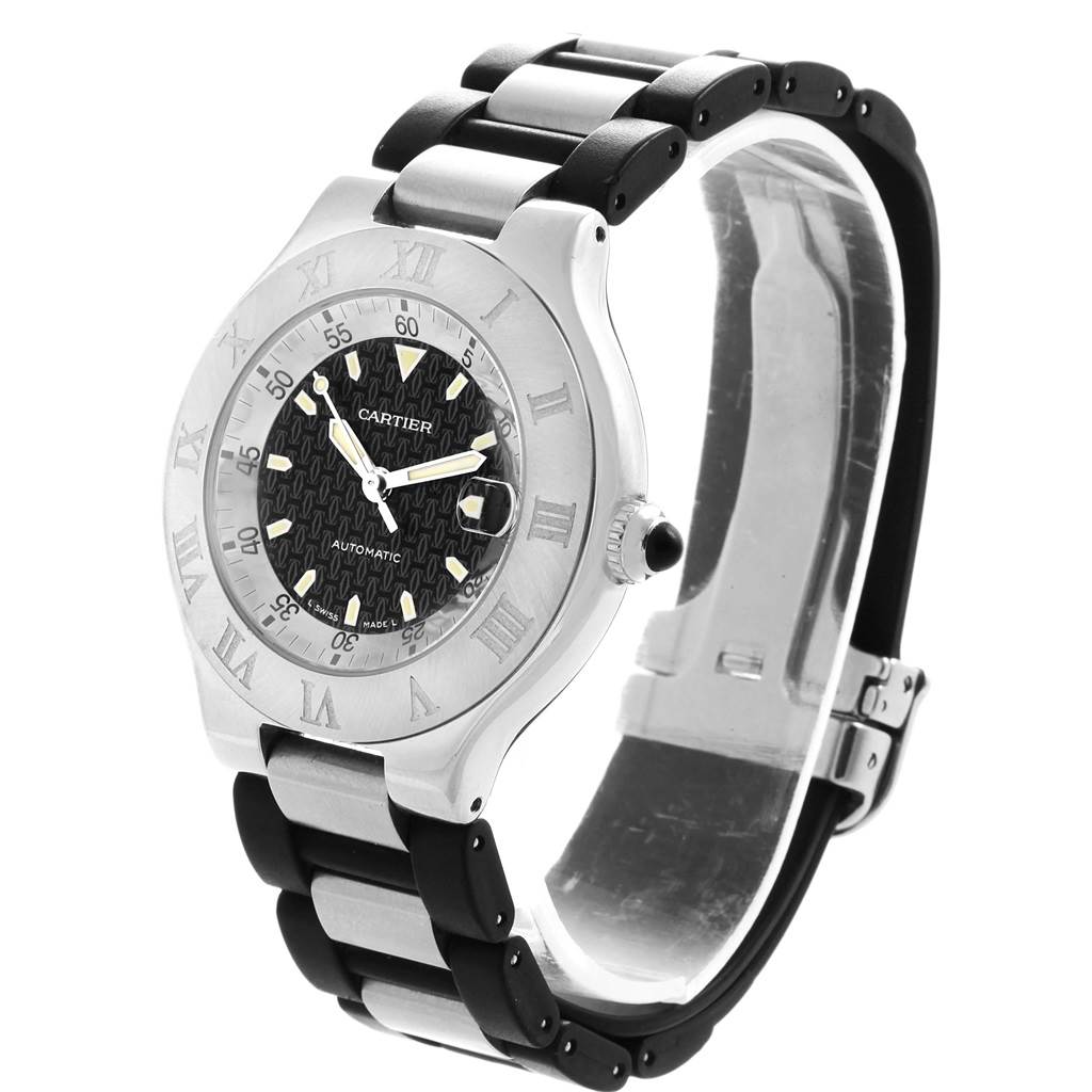 The Cartier Must 21 Chronoscaph W10147U2 Men
s Stainless Steel Black Dial W10147U2 Men
s Stainless Steel Black Dial watch is shown at an angle highlighting the face, Roman numeral bezel, and the metal and rubber strap.