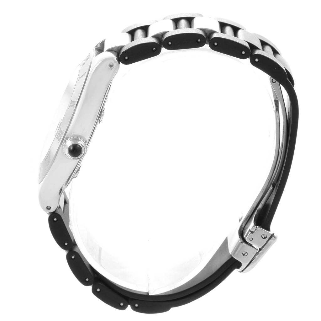 The image shows a side-view angle of the Cartier Must 21 Chronoscaph W10147U2 Men
s Stainless Steel Black Dial W10147U2 Men
s Stainless Steel Black Dial watch, focusing on the case and metal bracelet.