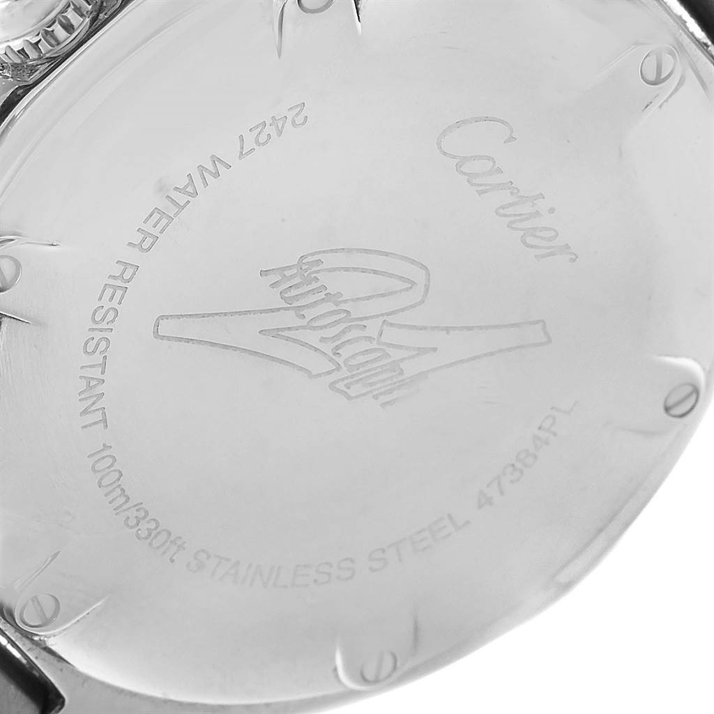 The image displays a close-up of the back case of the Cartier Must 21 Chronoscaph W10147U2 Men
s Stainless Steel Black Dial W10147U2 Men
s Stainless Steel Black Dial watch, showing its engravings and stainless steel finish.