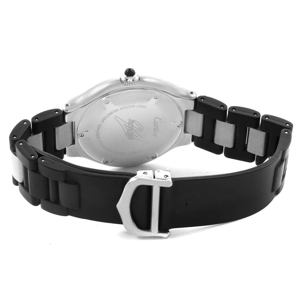 The image shows the back and part of the strap of a Cartier Must 21 Chronoscaph W10147U2 Men
s Stainless Steel Black Dial W10147U2 Men
s Stainless Steel Black Dial watch at a rear angle.